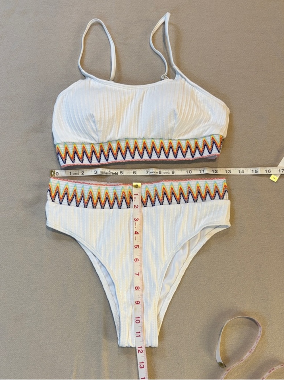 SHEIN Swim White Ribbed Two-Piece Bikini with Colorful Chevron Trim Size M